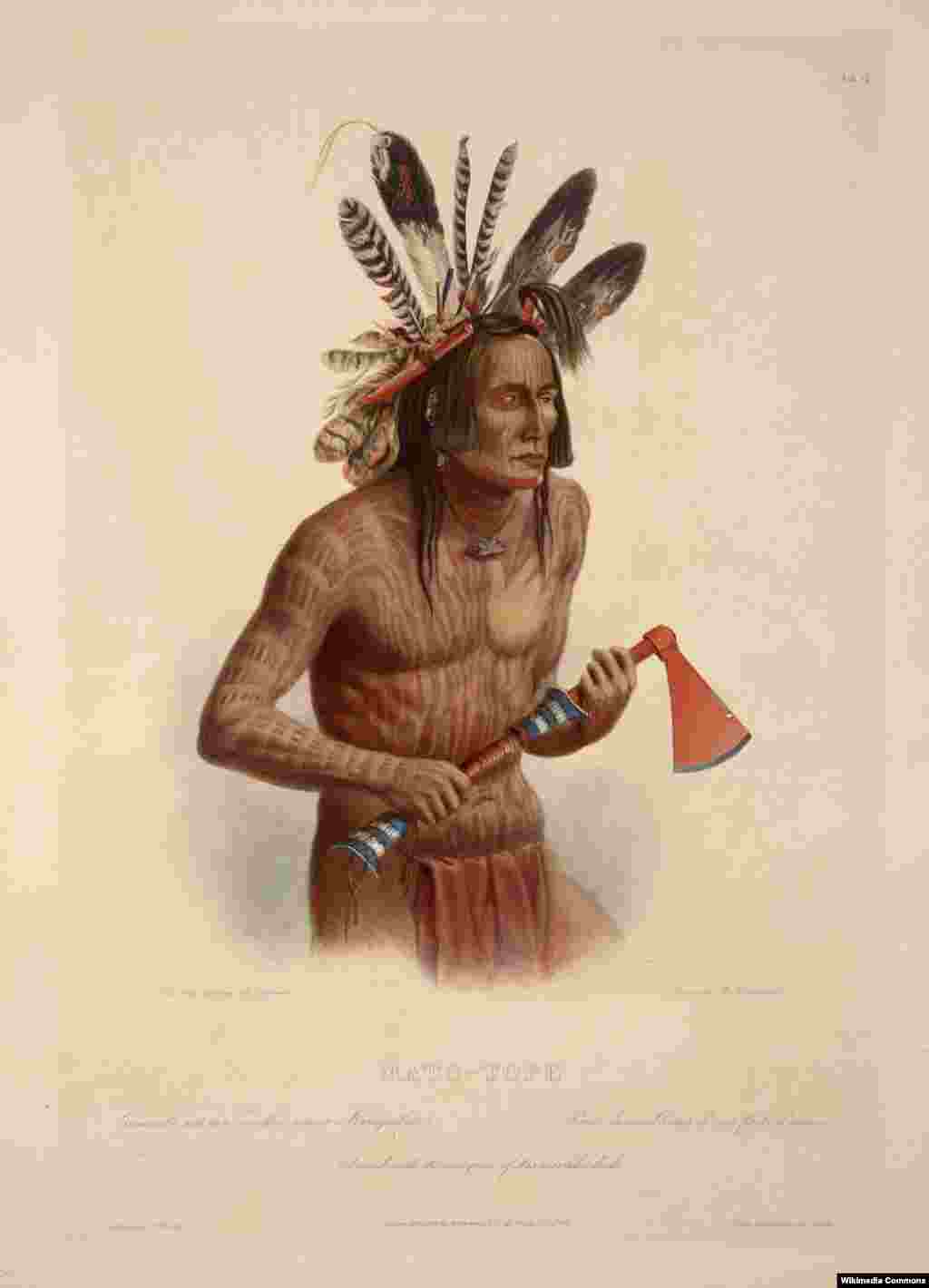 Aquatint portrait of tattooed Mandan Chief Four Bears (Mato-tope) by Karl Bodmer, ca. 1832-34.