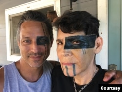 L. Frank Manriquez (L.) with Hawaiian tattoo master Keli'i Makua. Both wear a Makapō eye tattoo. Photo, courtesy L. Frank Manriquez