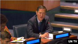 유엔주재 북한대표부 김인철 서기관이 18일 한국, 일본 주장에 반박하고 있다.