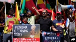 Members of the Tigrayan community protest against the conflict between Ethiopia and Tigray rebels in Ethiopia's Tigray region, outside the the United Arab Emirates embassy in Pretoria, South Africa, Oct. 12, 2022. 