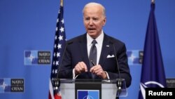 조 바이든 미국 대통령이 지난 3월 벨기에 브뤼셀 북대서양조약기구(NATO∙나토) 정상회의 현장에서 기자회견하고 있다. (자료사진)