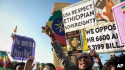 Ethiopians protest against what they say is interference by outsiders in the country's internal affairs, at a rally organized by the city administration in the capital Addis Ababa, Ethiopia, Oct. 22, 2022.