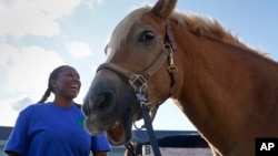 დიონ უილიამსონი ქ. კლიფტონში ცხენოსნობის გაკვეთილზეა. ავღანეთის ომის ვეტერანს ეს ფსიქიკური ჯანმრთელობის პრობლემებთან გამკლავებაში ეხმარება. ვირჯინიის შტატი, აშშ. 2022 წლის სექტემბერი.