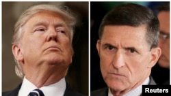 FILE - A combination photo shows U.S. President Donald Trump (L), on February 28, 2017, White House National Security Advisor Michael Flynn (C), February 13, 2017.