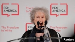 Author Margaret Atwood speaks at the PEN America Literary Gala in New York, May 22, 2018.