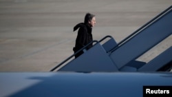 U.S. Secretary of State Antony Blinken boards his plane for travel to Panama, from Joint Base Andrews in Maryland, April 19, 2022. 