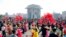 Students and youth of Pyongyang participate in a dancing party to commemorate the 10th anniversary of Kim Jong Un's election as the top party and state leader at the plaza of Arch of Triumph in Pyongyang, North Korea, April 11, 2022. 