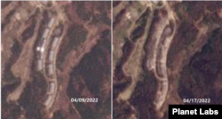 금강산 골프장 숙박단지를 촬영한 9일(왼쪽)과 17일 위성사진. 9일까지 온전했던 숙박단지의 중심건물과 건물 6개동이 17일 대부분 사라진 것으로 나타났다. 자료=Planet Labs