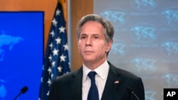 Menteri Luar Negeri AS Antony Blinken berbicara tentang situasi Rusia dan Ukraina dalam konferensi pers di Washington, pada 26 Januri 2022. (Foto: Pool via AP/Brendan Smialowski) 