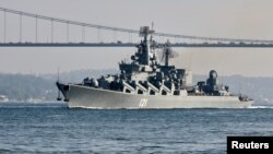 FILE - The Russian Navy's guided missile cruiser Moskva sails in the Bosphorus, on its way to the Mediterranean Sea, in Istanbul, June 18, 2021.