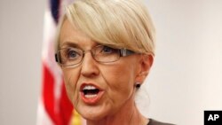 Arizona Republican Governor Jan Brewer, Feb. 26, 2014, in Phoenix. 