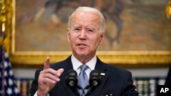 Presiden Joe Biden ketika menyampaikan pidato terkait invasi Rusia terhadap Ukraina di Gedung Putih, 21 April 2022.