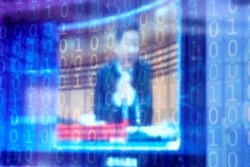 China's President Xi Jinping is shown on a screen through digitally decorated glass during the World Internet Conference in Wuzhen, on November 23, 2020. (Aly Song/Reuters)