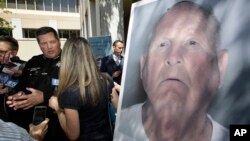 Sacramento County Sheriff Scott Jones, left, talks to reporters about the arrest Joseph James DeAngelo, seen in photo, on suspicion of committing a string of violent crimes in the 1970s and 1980s after a news conference, April 25, 2018, in Sacramento, Calif.