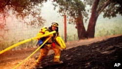 A firefighter battles the Glass Fire burning in a Calistoga, Calif., vineyard, Oct. 1, 2020.