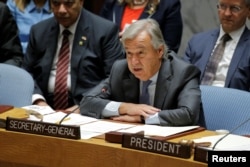 FILE - U.N. Secretary-General Antonio Guterres speaks during a meeting of the Security Council at U.N. headquarters in New York, Sept. 20, 2017.