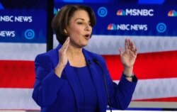 Senator Amy Klobuchar speaks during the U.S. Democratic presidential candidates debate at the Tyler Perry Studios in Atlanta, Nov. 20, 2019.