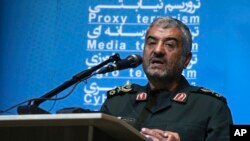 The head of Iran's paramilitary Revolutionary Guard Gen. Mohammad Ali Jafari speaks during a conference called "A World Without Terror," in Tehran, Oct. 31, 2017.