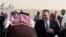 Waziri wa Mambo ya Nje Mike Pompeo, kulia mara baada ya kuwasili katika uwanja wa ndege wa kimataifa wa King Khalid, Riyadh, Jumatano, Feb. 19, 2020. (Andrew Caballero-Reynolds/Pool Photo via AP)