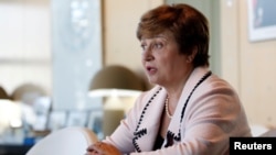 FILE - Kristalina Georgieva, World Bank CEO and European candidate to become the new head of the IMF, at the Bercy Finance Ministry in Paris, France, Aug. 23, 2019. 