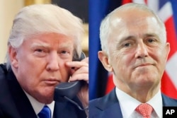 FILE - This combination of file photos shows, from left to right: U.S. President Donald Trump on Jan. 28, 2017, and Australian Prime Minister Malcolm Turnbull on Nov. 20, 2016.