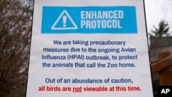A sign tells visitors about a closed bird exhibit at the Blank Park Zoo, April 5, 2022, in Des Moines, Iowa. Zoos across North America are taking steps to protect birds from avian influenza.