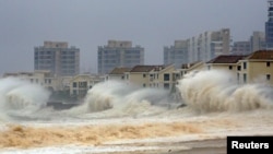 Ombak akibat Topan Dujuan menghantam pantai Topan Dujuan di Quanzhou, provinsi Fuji, 29 September 2015. (Foto: dok.) 