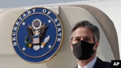 U.S. Secretary of State Antony Blinken arrives at Osan Air Base in Pyeongtaek, South Korea, March 17, 2021. 