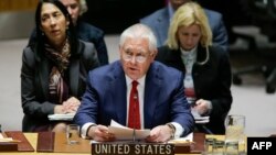 렉스 틸러슨 미국 국무장관이 15일 뉴욕 유엔본부에서 열린 북한 관련 안보리 장관급 회의에서 발언하고 있다.