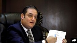 Majed Dimshkiyeh, lawyer of Nizar Zakka who is imprisoned in Iran, speaks during an interview with the Associated Press at his office in Beirut, Lebanon, Tuesday, July 18, 2017. The family of a U.S. permanent resident who has been held in Iran for…