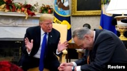 រូបឯកសារ៖ លោក​ប្រធានាធិបតី​ ត្រាំ ថ្លែង​ជាមួយ​ប្រធាន​ព្រឹទ្ធសភា​ពី​គណបក្ស​ប្រជា​ធិបតេយ្យ​លោក Chuck Schumer នៅ​សេត​វិមាន កាល​ពី​ថ្ងៃ​ទី​១១ ធ្នូ ២០១៨