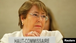 Komisaris Tinggi Hak Asasi Manusia, Michelle Bachelet berbicara di Jenewa, Swiss.