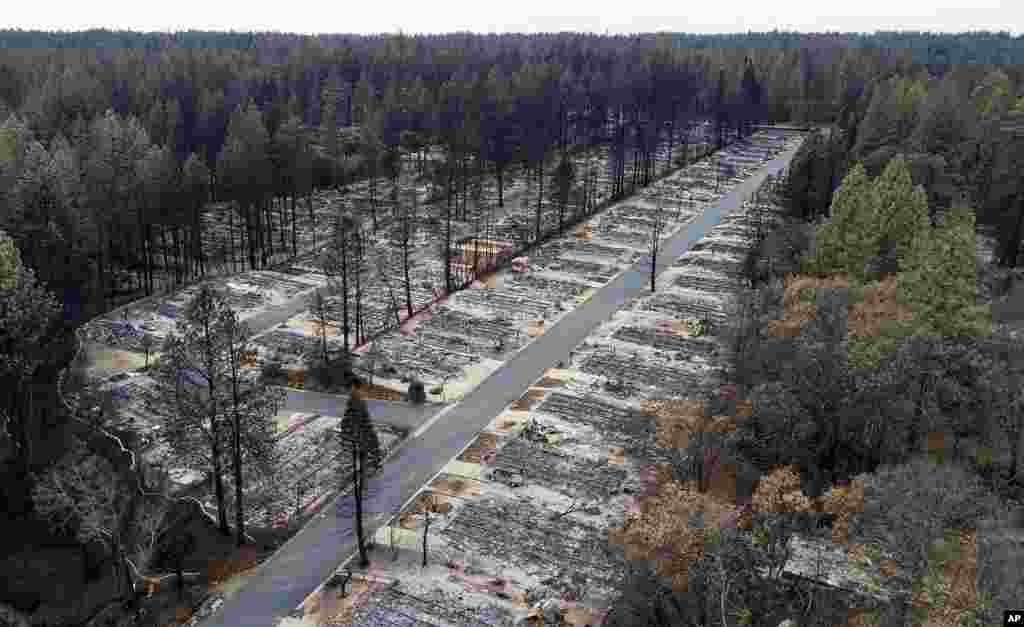 Homes leveled by the Camp Fire line the Ridgewood Mobile Home Park retirement community in Paradise, California, Dec. 3, 2018.
