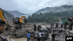 Indian army personnel search for missing soldiers in north Sikkim, India, on Oct. 5, 2023. (Indian Ministry of Defense/AFP)