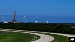 The NASA moon rocket stands on Pad 39B before the Artemis 1 mission to orbit the moon at the Kennedy Space Center, Sept. 1, 2022, in Cape Canaveral, Florida.