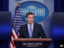 FILE - National Security Adviser Michael Flynn speaks during the daily news briefing at the White House, in Washington, Feb. 1, 2017.