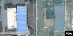 ‘3월16일 공장'을 지난해 4월 촬영한 '구글어스/DigitalGlobe' 제공 위성사진(왼쪽)과 지난해 11월 21일 촬영한 'TerraServer/DigitalGlobe' 제공 위성사진. ICBM 조립건물로 추정되는 시설이 새로 세워진 것을 알 수 있다.