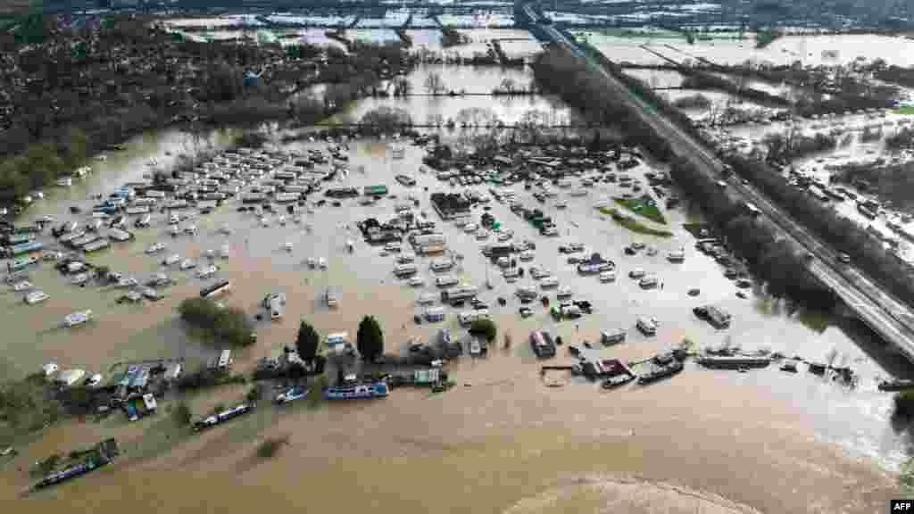 A photograph taken on Jan. 7, 2025 shows an aerial view of a flooded caravan park in Barrow upon Soar, central England, after heavy snow and rain across large parts of England caused disruption over the weekend.