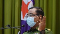 Myanmar's military spokeperson Brigadier-General Zaw Min Tun speaks during a press briefing in Naypyidaw on Jan. 26, 2021.