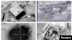 Kombinasi foto ini menunjukkan gambar yang diambil dari video yang dirilis 21 Maret 2018. Video tersebut menggambarkan serangan udara Israel di lokasi reaktor nuklir Suriah yang diduga dekat Deir al-Zor, 6 September 2007. Searah jarum jam (dari kiri atas, ke kanan): 1. Lokasi sebelum serangan 2. Lingkaran kuning yang menggambarkan bom selama serangan udara di situs 3. Sebuah ledakan saat berlangsungnya serangan udara 4. Puing-puing yang terlihat di lokasi tersebut pasca serangan.