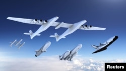 A new family of launch vehicles including air-launch system, medium-lift rockets and a reusable space cargo plane, are seen in this artist's rendering image released by Stratolaunch Systems Corp, the space company of billionaire Microsoft co-founder Paul Allen, based in Seattle, Washington, on Aug. 20, 2018. 