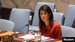 United States Ambassador to the United Nations Nikki Haley delivers remarks at the Security Council meeting on the situation in Syria at the United Nations Headquarters in New York, April 7, 2017.