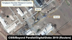 CSIS研究人员展示的2019年4月12日卫星图像显示的朝鲜北平安省宁边一个核研究中心。