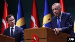 울프 크리스테르손(왼쪽) 스웨덴 총리와 레제프 타이이프 에르도안 튀르키예 대통령이 지난해 11월 튀르키예 수도 앙카라에서 공동회견하고 있다. (자료사진)