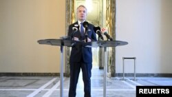 Finland's Foreign Minister Pekka Haavisto speaks during a news conference at the Parliament Building in Helsinki, Finland, Jan. 24, 2023. Lehtikuva/Vesa Moilanen via REUTERS