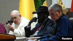 Pope Francis addresses a gathering at the Presidential Palace during Pope's apostolic journey, in Juba, South Sudan, February 3, 2023. 