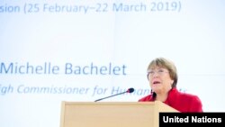 Michelle Bachelet, Haut-Commissaire des Nations unies aux droits de l'homme au Palais des Nations le 25 février 2019. (Photo ONU de Violaine Martin)