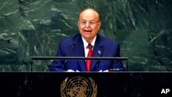 FILE - In this Sept. 26, 2018, photo, Yemen's President Abed Rabbo Mansour Hadi addresses the 73rd session of the United Nations General Assembly, at UN headquarters. 