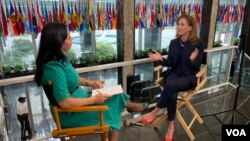 Acting Assistant Secretary of State for Global Public Affairs Elizabeth Trudeau talks with VOA's Navbahor Imamova, State Department, Washington, October 28, 2022