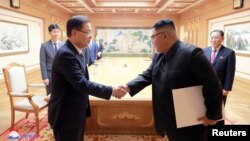 A South Korean envoy shakes hands with North Korean leader Kim Jong Un during their meeting in Pyongyang, North Korea, in this undated photo released on September 6, 2018 by North Korea's Korean Central News Agency (KCNA).